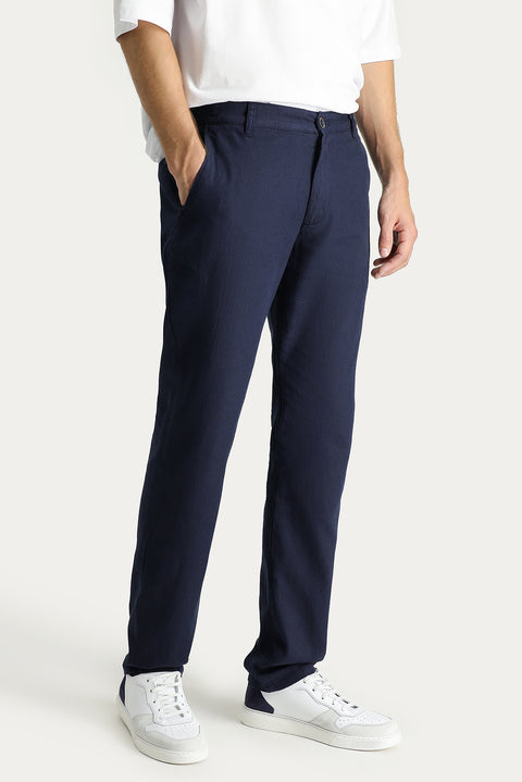 Dark Navy 6 Drop Regular Fit Standard Cut Cotton Linen Blend Canvas/Chino Trousers with Elastic Waistband