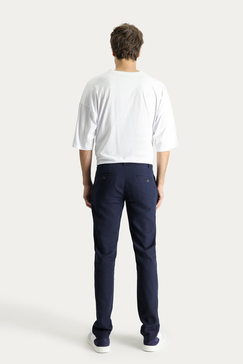 Dark Navy 6 Drop Regular Fit Standard Cut Cotton Linen Blend Canvas/Chino Trousers with Elastic Waistband