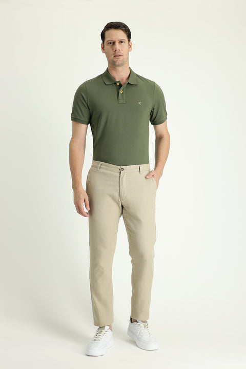 Medium Beige Regular Fit Standard Cut Elasticated Waist Cotton Linen Canvas / Chino Trousers