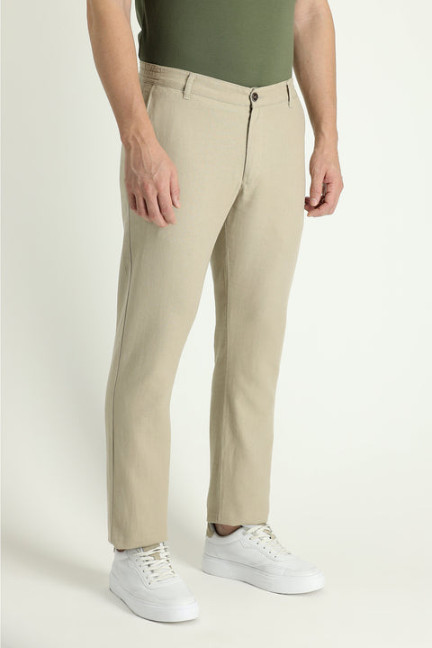 Medium Beige Regular Fit Standard Cut Elasticated Waist Cotton Linen Canvas / Chino Trousers