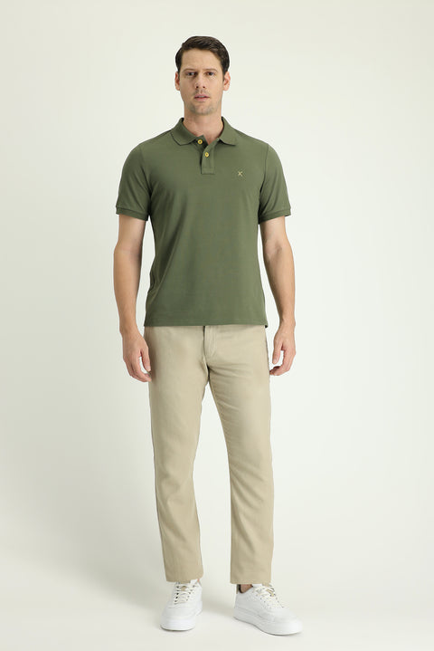 Medium Beige Regular Fit Standard Cut Elasticated Waist Cotton Linen Canvas / Chino Trousers