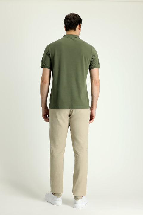 Medium Beige Regular Fit Standard Cut Elasticated Waist Cotton Linen Canvas / Chino Trousers