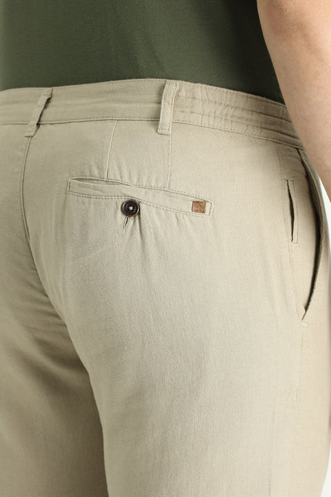 Medium Beige Regular Fit Standard Cut Elasticated Waist Cotton Linen Canvas / Chino Trousers