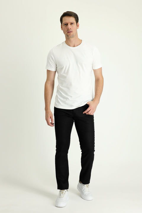 Black 6 Drop Regular Fit Standard Cut Cotton Linen Blend Canvas/Chino Trousers