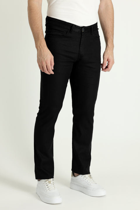 Black 6 Drop Regular Fit Standard Cut Cotton Linen Blend Canvas/Chino Trousers