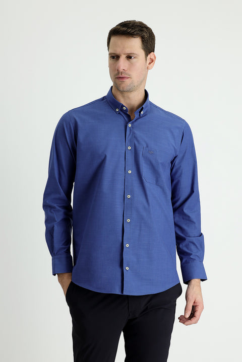 Medium Navy Long Sleeve Regular Fit Linen-Look Cotton Shirt
