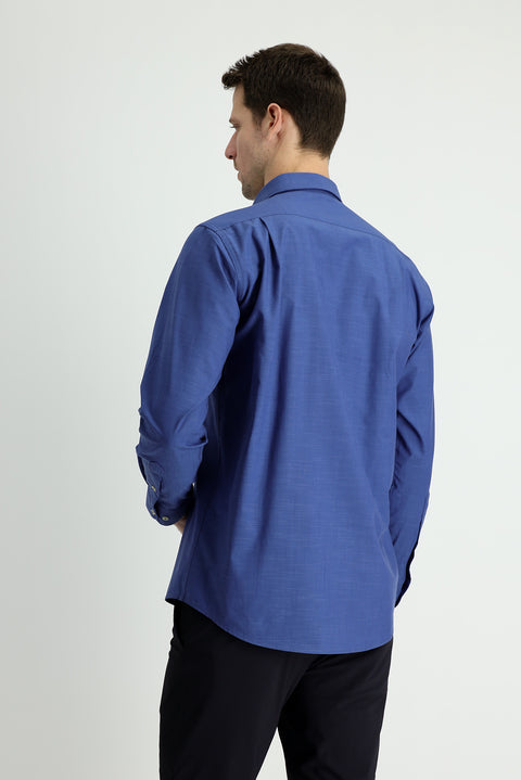 Medium Navy Long Sleeve Regular Fit Linen-Look Cotton Shirt