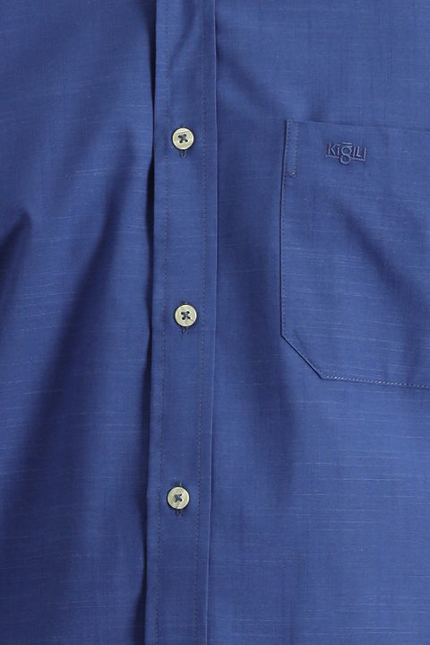 Medium Navy Long Sleeve Regular Fit Linen-Look Cotton Shirt
