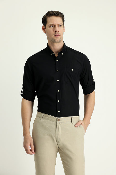 Black Long Sleeve Regular Fit Cotton Sports Shirt