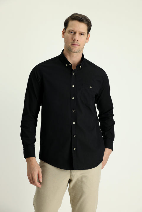 Black Long Sleeve Regular Fit Cotton Sports Shirt