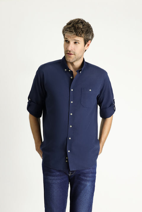 Medium Navy Long Sleeve Regular Fit Cotton Sports Shirt