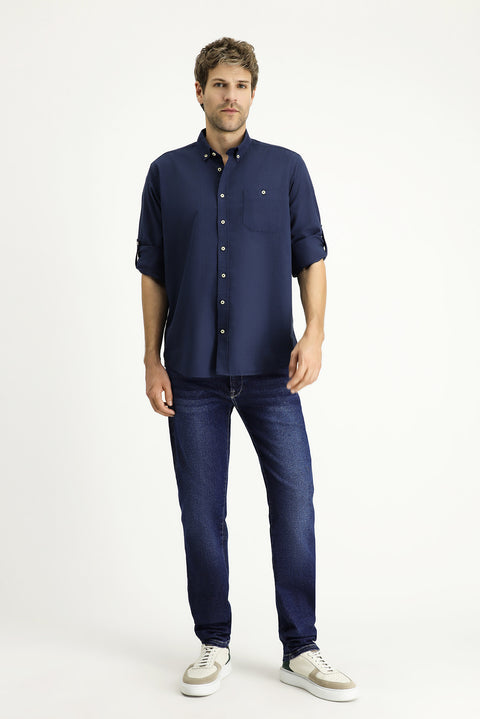 Medium Navy Long Sleeve Regular Fit Cotton Sports Shirt