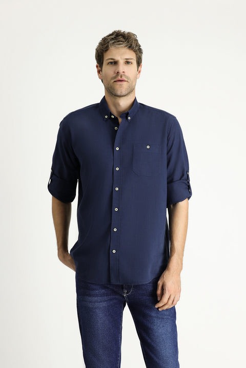 Medium Navy Long Sleeve Regular Fit Cotton Sports Shirt