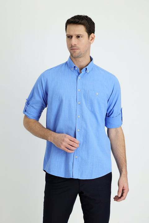 Blue Long Sleeve Regular Fit Cotton Sports Shirt
