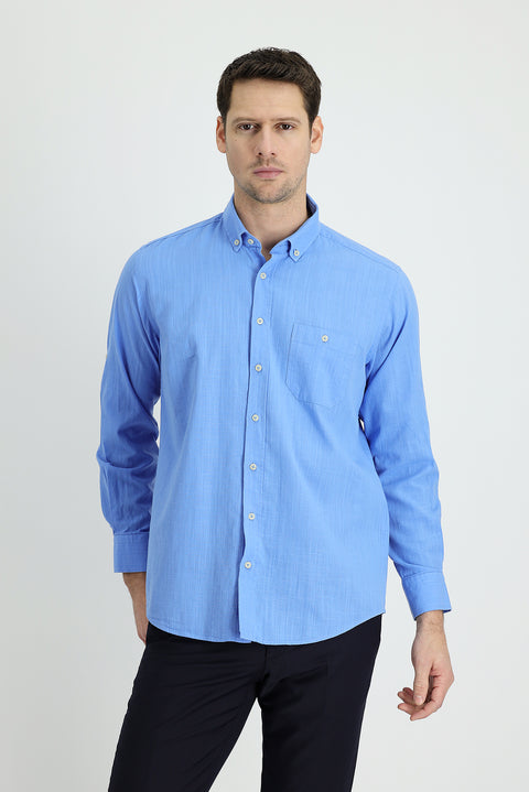 Blue Long Sleeve Regular Fit Cotton Sports Shirt