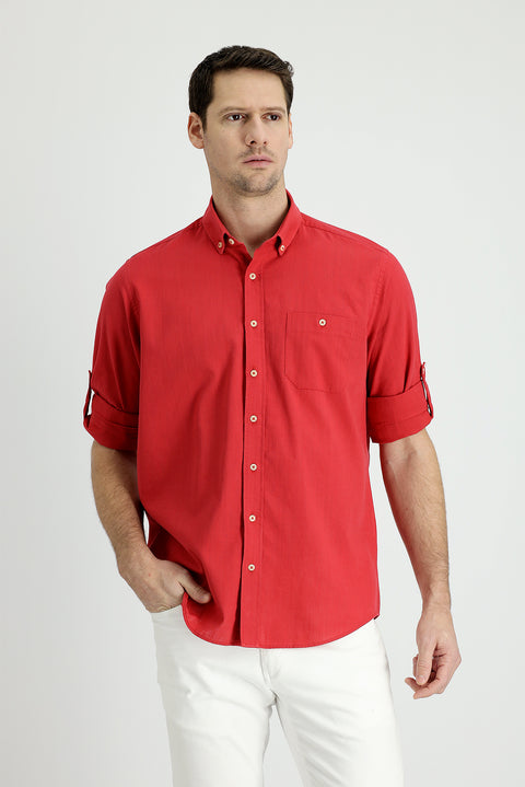 Flag Red Long Sleeve Regular Fit Cotton Sports Shirt