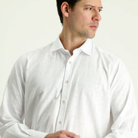 White Long Sleeve Regular Fit Linen-Look Patterned Cotton Shirt