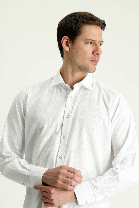 White Long Sleeve Regular Fit Linen-Look Patterned Cotton Shirt