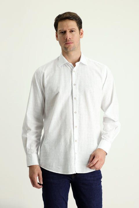 White Long Sleeve Regular Fit Linen-Look Patterned Cotton Shirt
