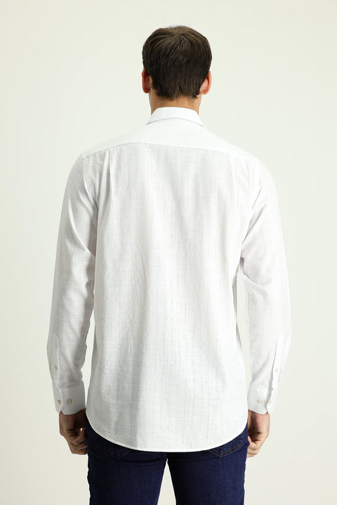 White Long Sleeve Regular Fit Linen-Look Patterned Cotton Shirt