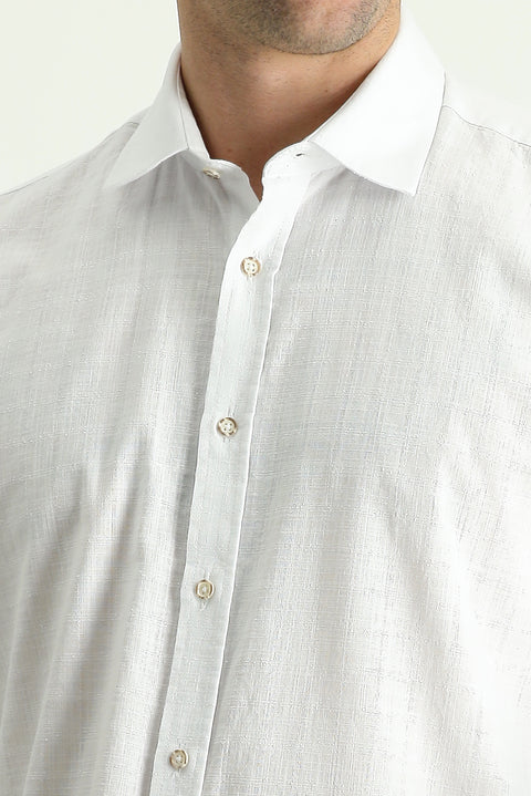 White Long Sleeve Regular Fit Linen-Look Patterned Cotton Shirt