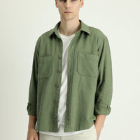 Medium Khaki Long Sleeve Regular Fit Cotton Sport Shirt with Pockets