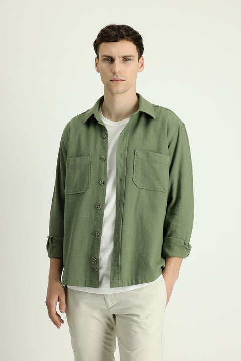 Medium Khaki Long Sleeve Regular Fit Cotton Sport Shirt with Pockets