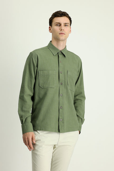 Medium Khaki Long Sleeve Regular Fit Cotton Sport Shirt with Pockets