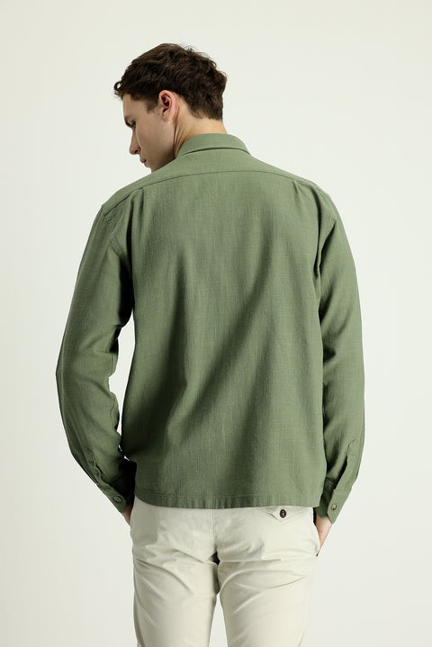 Medium Khaki Long Sleeve Regular Fit Cotton Sport Shirt with Pockets
