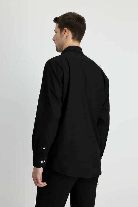 Black Long Sleeve Regular Fit Linen-Look Cotton Sport Button-Down Collar Shantuk Shirt