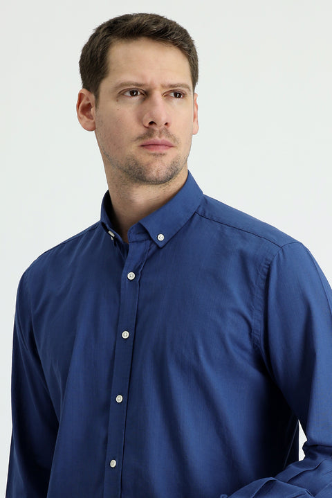 Medium Navy Long Sleeve Regular Fit Linen-Look Cotton Sport Button-Down Collar Shantuk Shirt