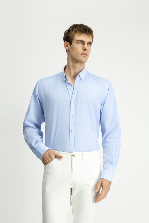 Light Blue Long Sleeve Regular Fit Linen-Look Cotton Sport Button-Down Collar Shantuk Shirt