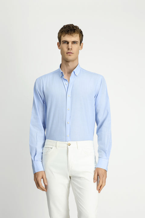 Light Blue Long Sleeve Regular Fit Linen-Look Cotton Sport Button-Down Collar Shantuk Shirt