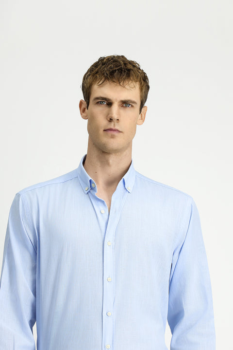 Light Blue Long Sleeve Regular Fit Linen-Look Cotton Sport Button-Down Collar Shantuk Shirt