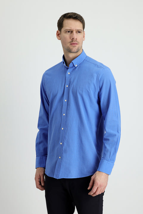 Aviator Blue Long Sleeve Regular Fit Linen-Look Cotton Sport Button-Down Collar Shantuk Shirt