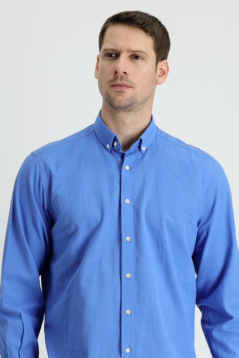 Aviator Blue Long Sleeve Regular Fit Linen-Look Cotton Sport Button-Down Collar Shantuk Shirt