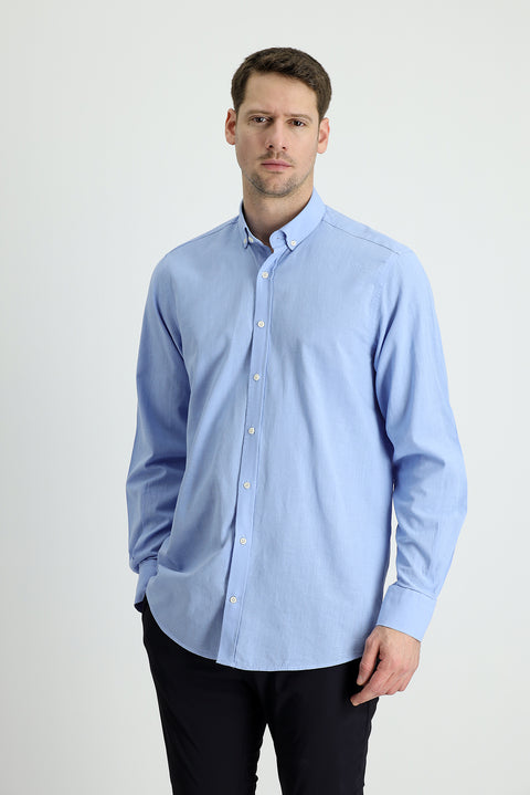 Blue Long Sleeve Regular Fit Linen-Look Cotton Sport Button-Down Collar Shantuk Shirt