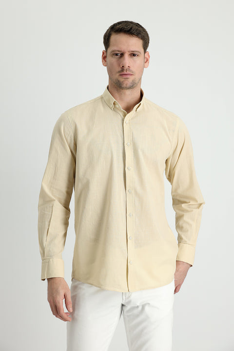 Light Beige Long Sleeve Regular Fit Linen-Look Cotton Sport Button-Down Collar Shantuk Shirt