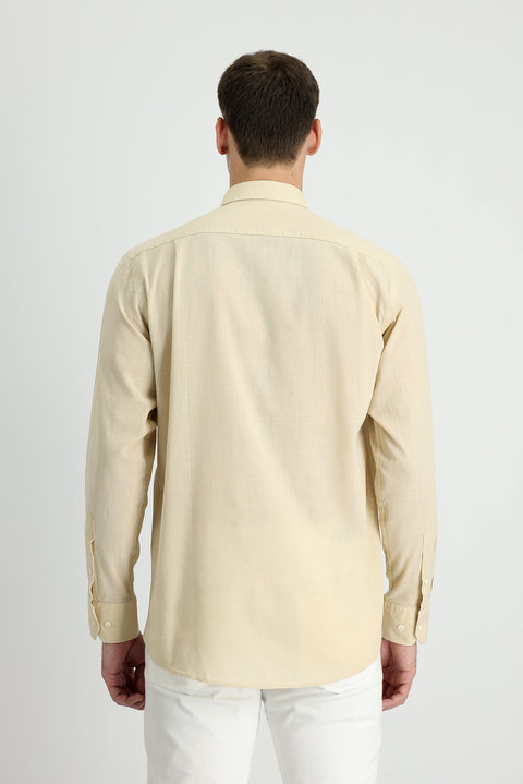 Light Beige Long Sleeve Regular Fit Linen-Look Cotton Sport Button-Down Collar Shantuk Shirt