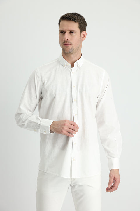 White Long Sleeve Regular Fit Linen-Look Cotton Sport Button-Down Collar Shantuk Shirt
