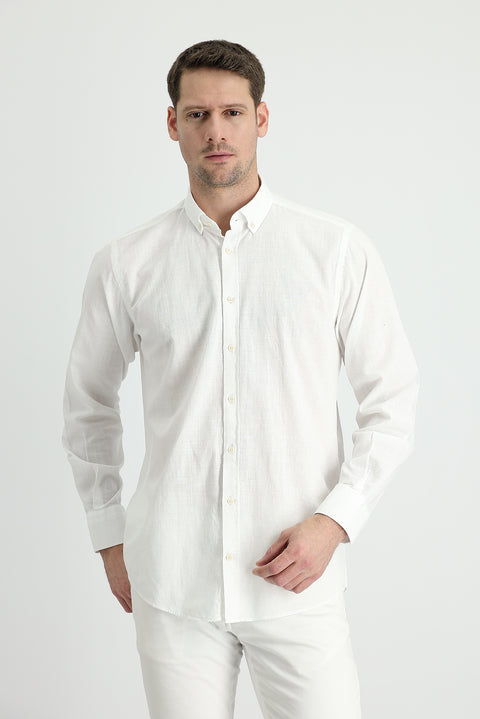 White Long Sleeve Regular Fit Linen-Look Cotton Sport Button-Down Collar Shantuk Shirt