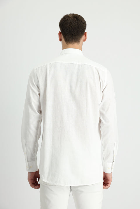 White Long Sleeve Regular Fit Linen-Look Cotton Sport Button-Down Collar Shantuk Shirt