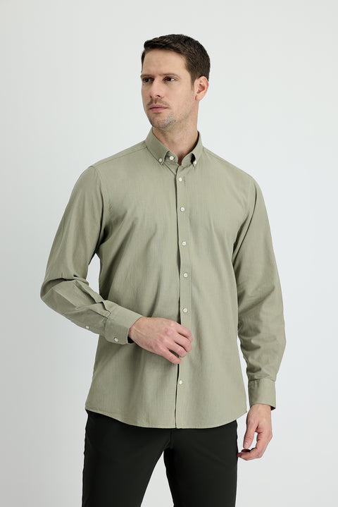 Light Khaki Long Sleeve Regular Fit Linen-Look Cotton Sport Button-Down Collar Shantuk Shirt