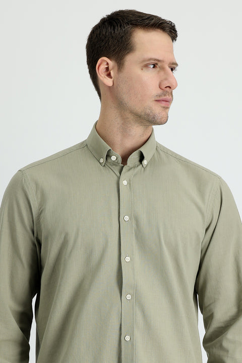 Light Khaki Long Sleeve Regular Fit Linen-Look Cotton Sport Button-Down Collar Shantuk Shirt