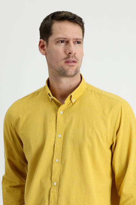 Mustard Yellow Long Sleeve Regular Fit Linen-Look Cotton Sport Button-Down Collar Shantuk Shirt