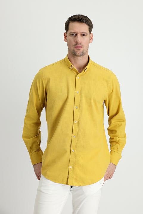 Mustard Yellow Long Sleeve Regular Fit Linen-Look Cotton Sport Button-Down Collar Shantuk Shirt