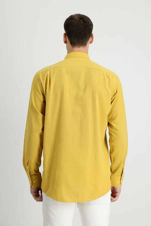 Mustard Yellow Long Sleeve Regular Fit Linen-Look Cotton Sport Button-Down Collar Shantuk Shirt