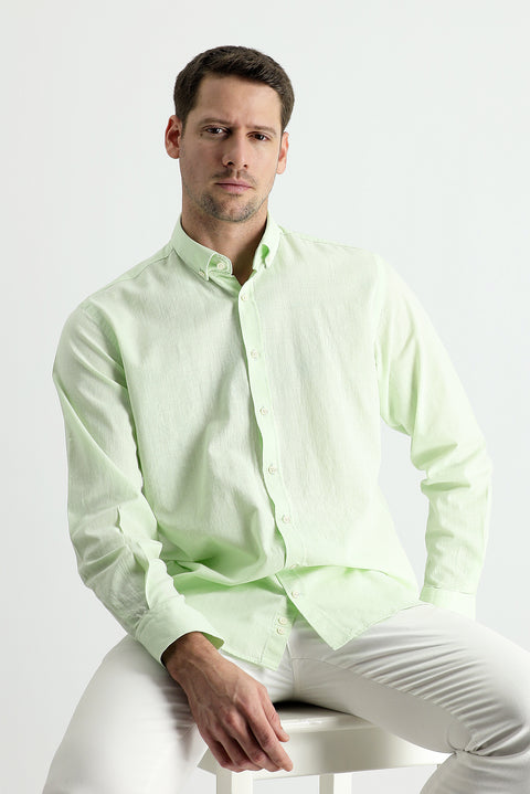 Mint Green Long Sleeve Regular Fit Linen-Look Cotton Sport Button-Down Collar Shantuk Shirt