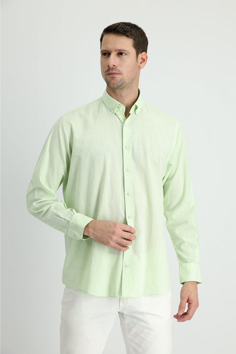 Mint Green Long Sleeve Regular Fit Linen-Look Cotton Sport Button-Down Collar Shantuk Shirt