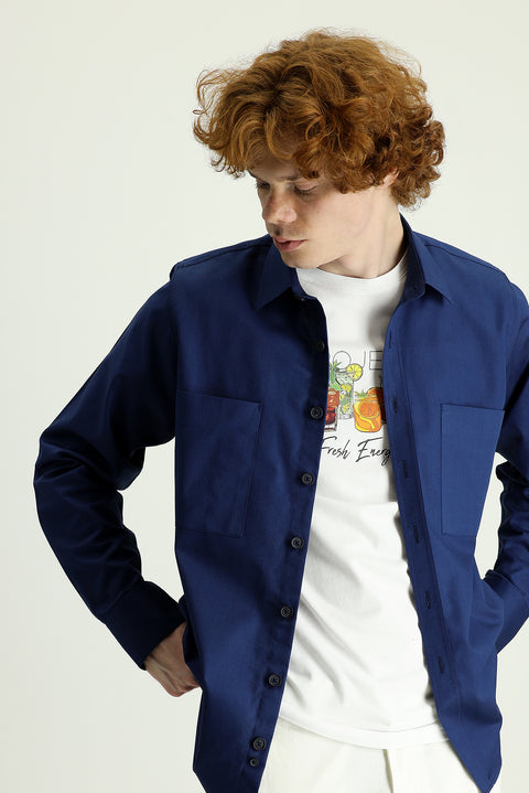 Dark Navy Long-Sleeve Oversize Cotton Shirt with Pockets